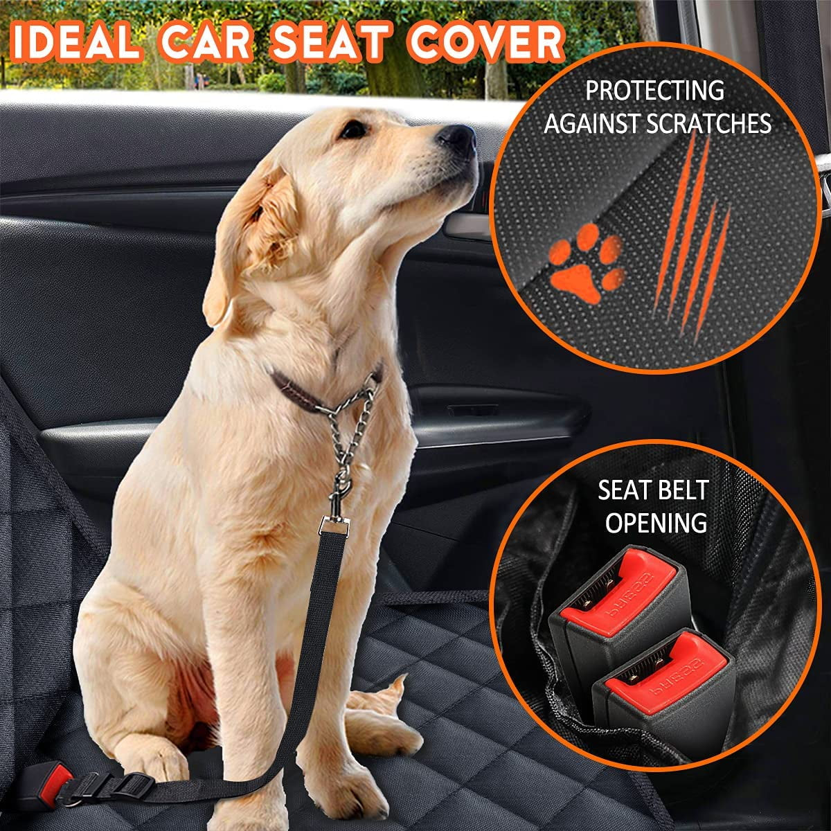 Pet Dog Car Seat Cover for Back Seat Truck Seat Waterproof Protective Cover with 2 Safety Straps - Black