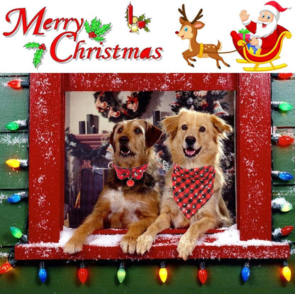 Christmas Dog Collar and Bandana Set,Red Classic Plaid Snowflake Dog Collar with Bow Tie and Bell Snowflake Dog Scarf Triangle Bandana Adjustable Dog Collar for Small Medium Large Dogs (Red, M)