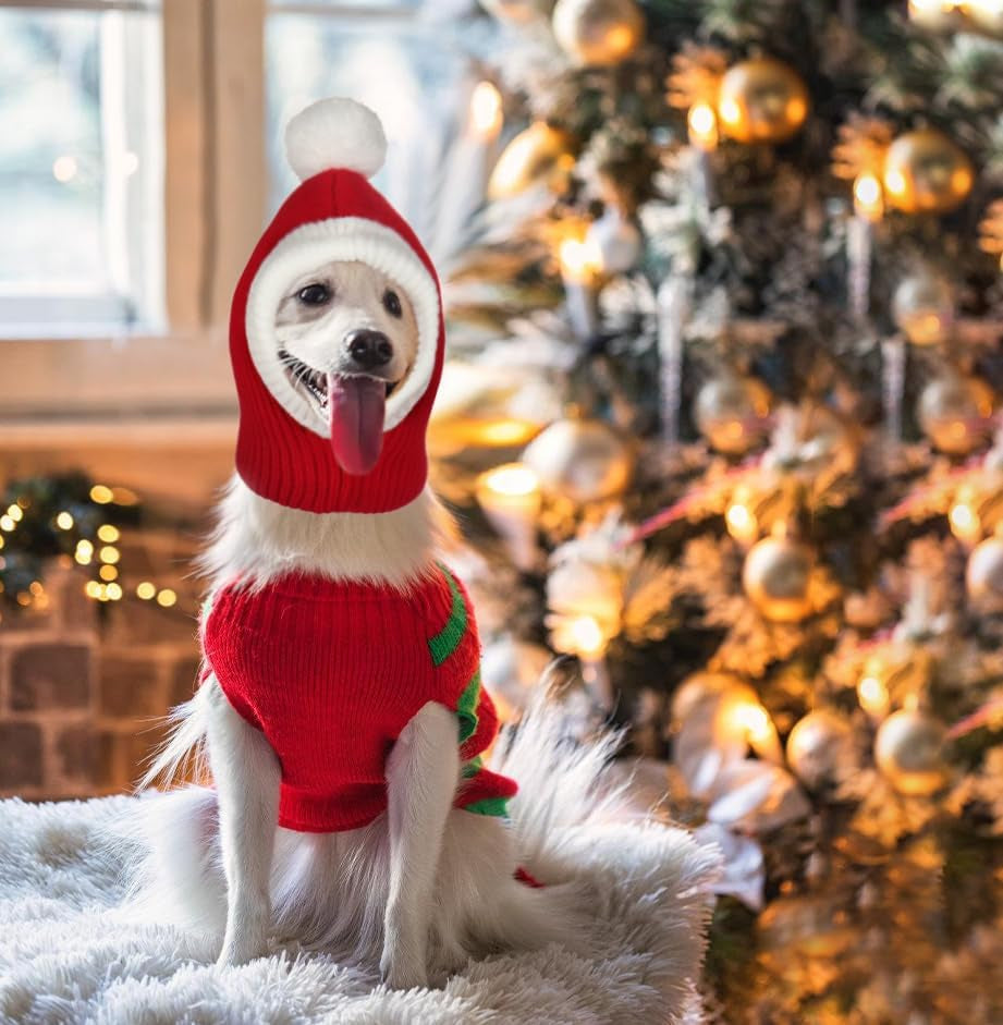 Lifeunion Christmas Dog Hat Costume Funny Pet Red Knit Snood Hat with Pompon Puppy Beanie Hat Cap Dog Warm Winter Headwear Ear and Neck Warmer (X-Small)