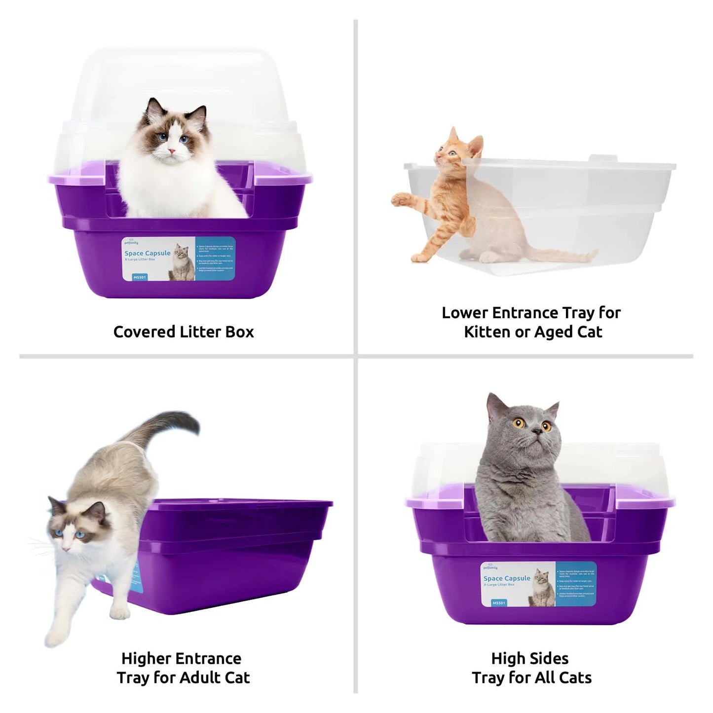 Extra Large Cat Litter Box, Color Purple, Jumbo Hooded, 21.50 X 17.90 X 17.25 In