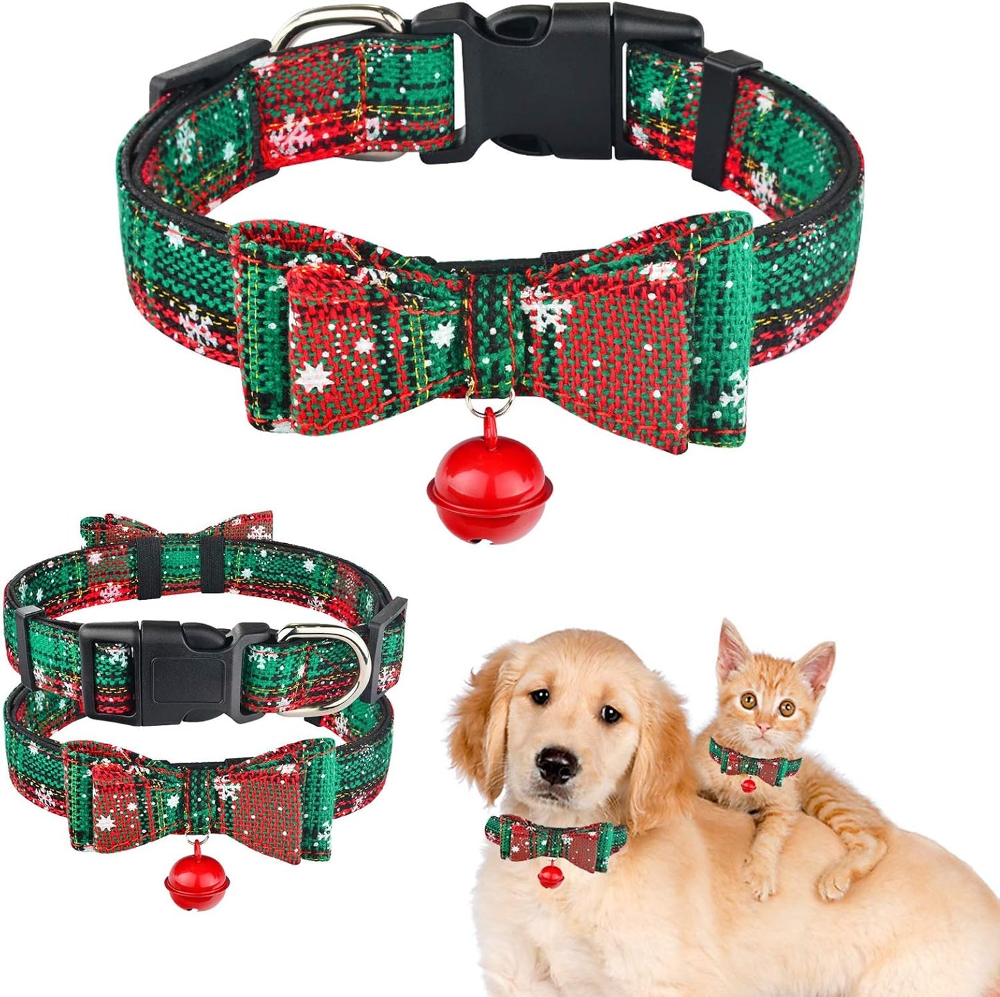 Christmas Dog Collar Bow Tie,Classic Red Plaid Snowflake Pattern Pet Collars Soft Puppy Collars Bow Tie & Bells Adjustable Dog Bow Tie for Small Medium Large Dogs