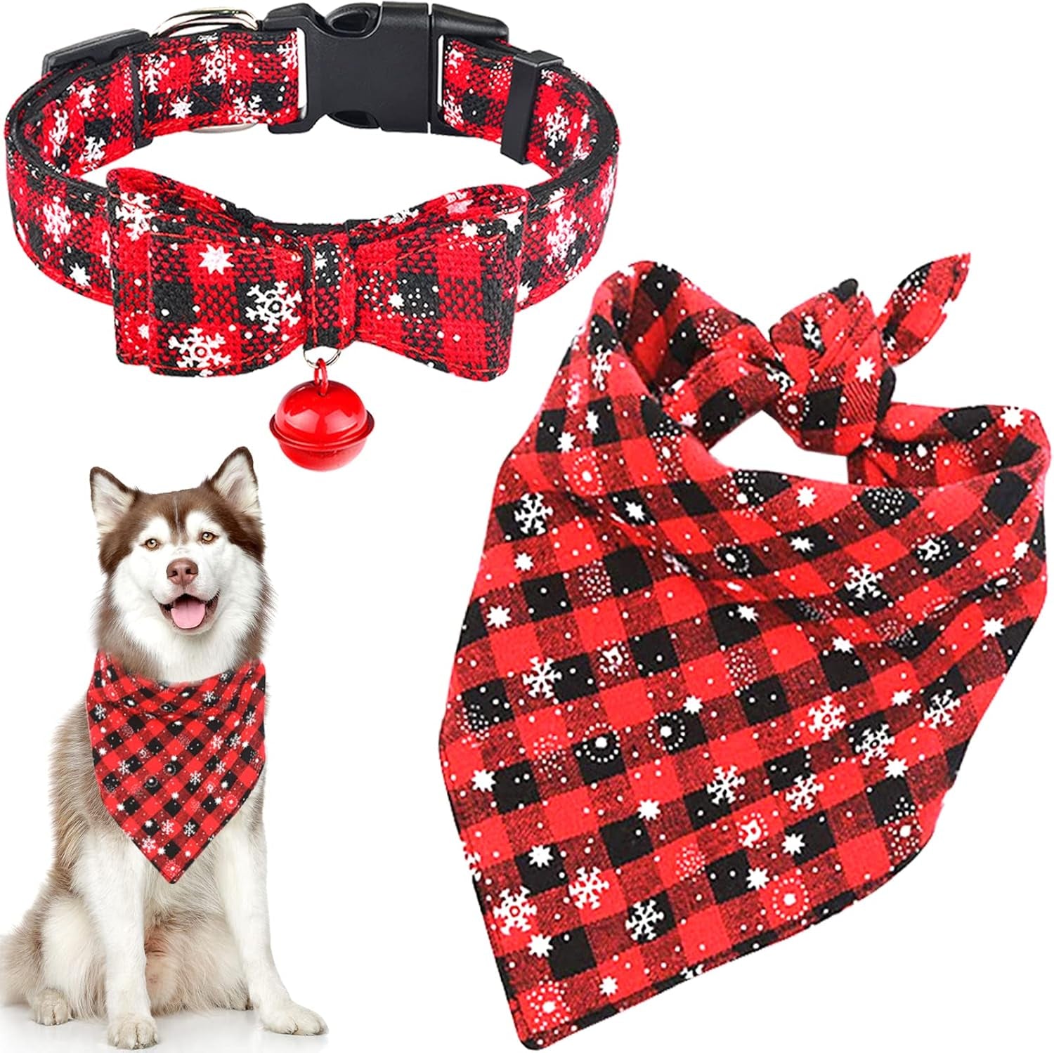 Christmas Dog Collar and Bandana Set,Red Classic Plaid Snowflake Dog Collar with Bow Tie and Bell Snowflake Dog Scarf Triangle Bandana Adjustable Dog Collar for Small Medium Large Dogs (Red, M)