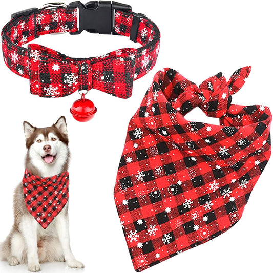 Christmas Dog Collar and Bandana Set,Red Classic Plaid Snowflake Dog Collar with Bow Tie and Bell Snowflake Dog Scarf Triangle Bandana Adjustable Dog Collar for Small Medium Large Dogs (Red, M)