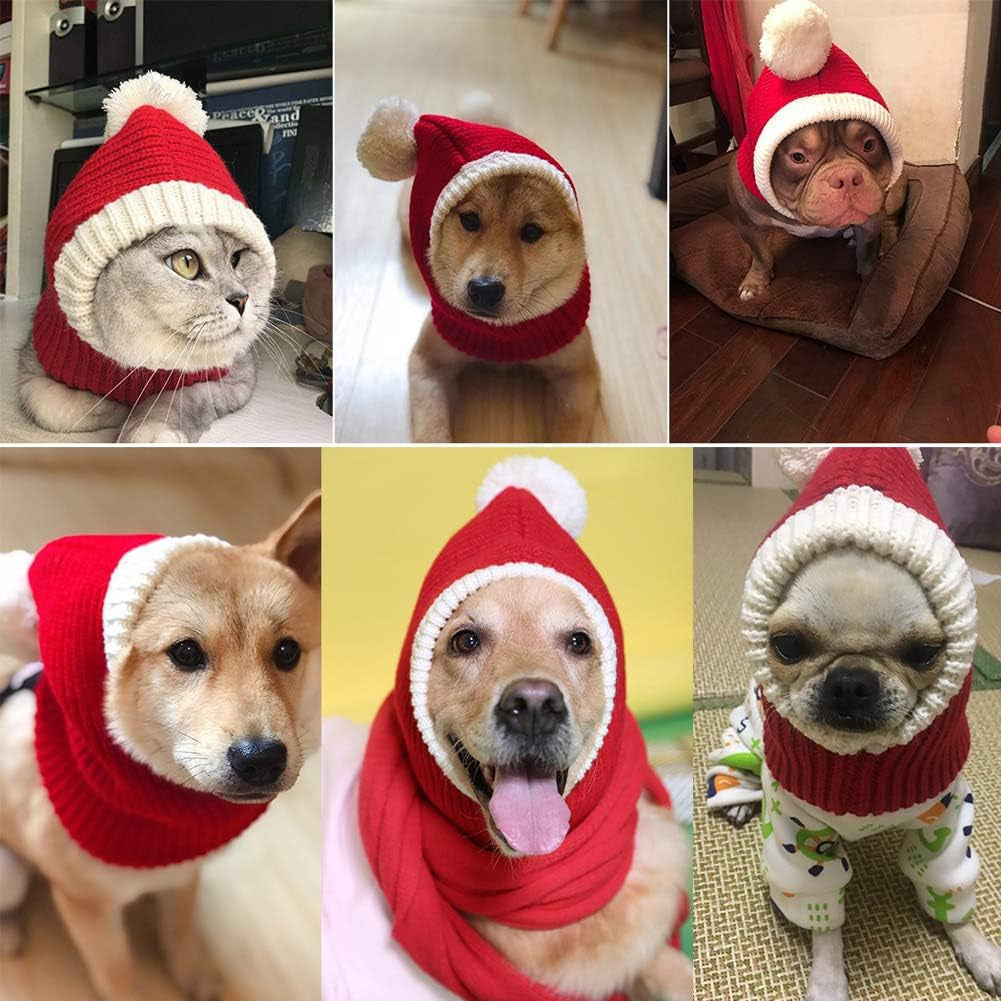 Lifeunion Christmas Dog Hat Costume Funny Pet Red Knit Snood Hat with Pompon Puppy Beanie Hat Cap Dog Warm Winter Headwear Ear and Neck Warmer (X-Small)