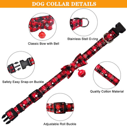 Christmas Dog Collar and Bandana Set,Red Classic Plaid Snowflake Dog Collar with Bow Tie and Bell Snowflake Dog Scarf Triangle Bandana Adjustable Dog Collar for Small Medium Large Dogs (Red, M)