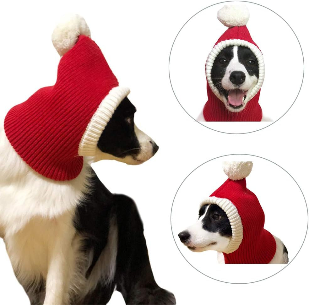 Lifeunion Christmas Dog Hat Costume Funny Pet Red Knit Snood Hat with Pompon Puppy Beanie Hat Cap Dog Warm Winter Headwear Ear and Neck Warmer (X-Small)