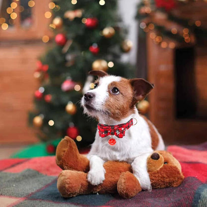 Christmas Dog Collar and Bandana Set,Red Classic Plaid Snowflake Dog Collar with Bow Tie and Bell Snowflake Dog Scarf Triangle Bandana Adjustable Dog Collar for Small Medium Large Dogs (Red, M)